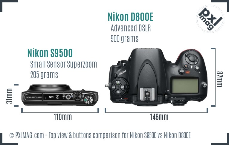 Nikon S9500 vs Nikon D800E top view buttons comparison