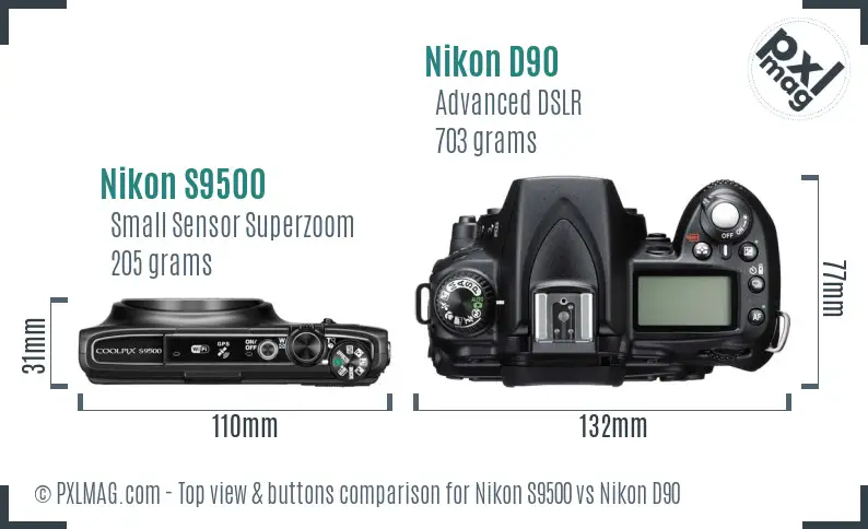 Nikon S9500 vs Nikon D90 top view buttons comparison Nikon S9500 vs Nikon D90 top view buttons comparison