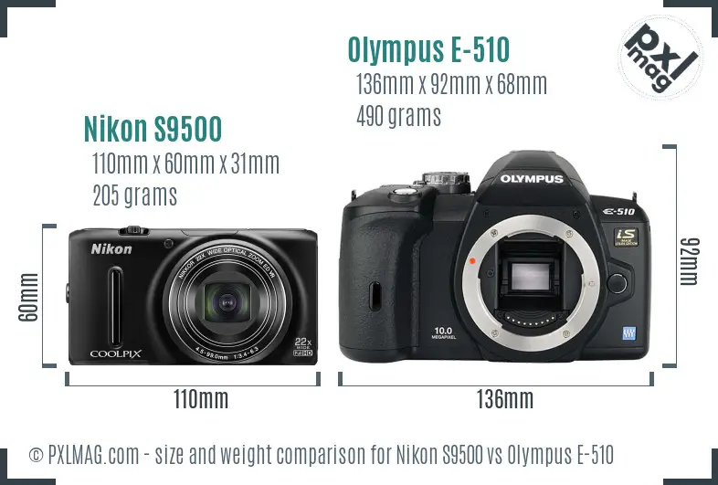 Nikon S9500 vs Olympus E-510 size comparison