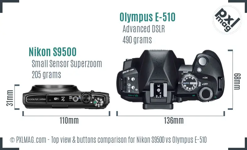 Nikon S9500 vs Olympus E-510 top view buttons comparison