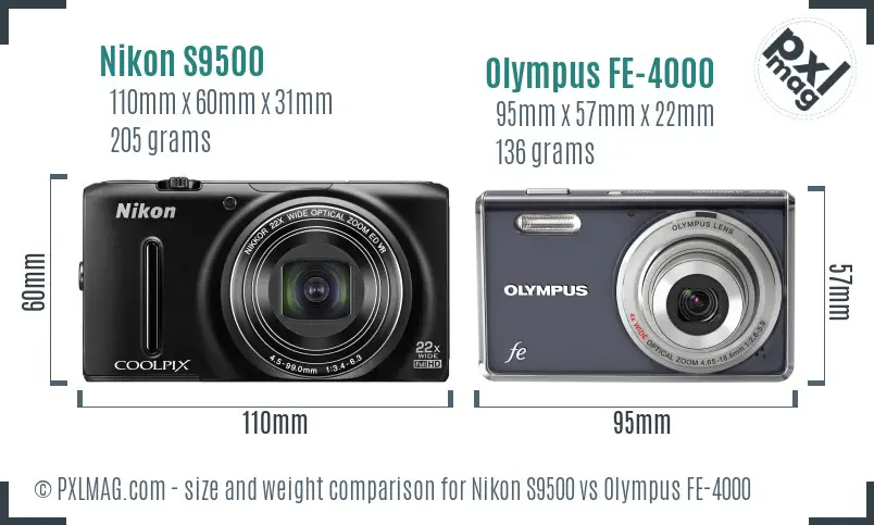Nikon S9500 vs Olympus FE-4000 size comparison