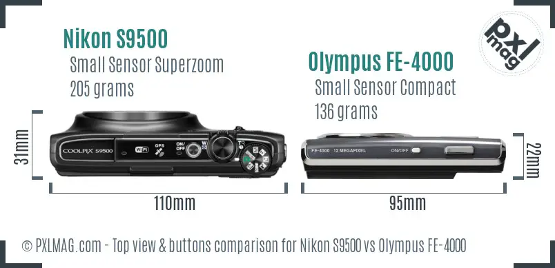 Nikon S9500 vs Olympus FE-4000 top view buttons comparison