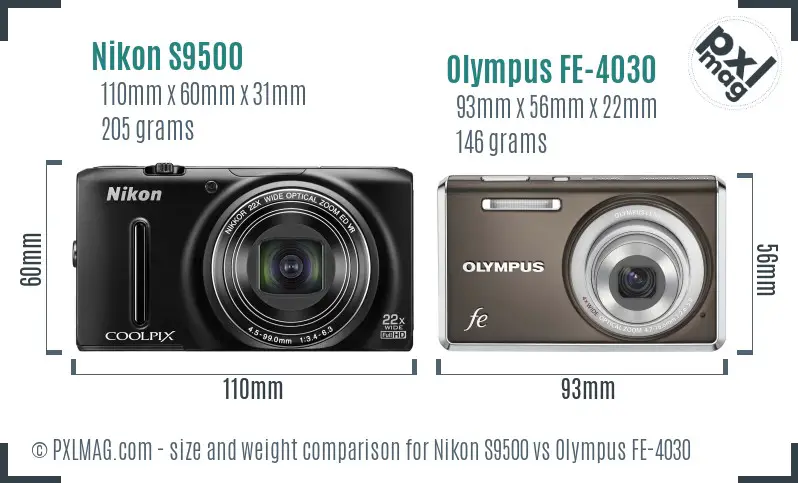Nikon S9500 vs Olympus FE-4030 size comparison