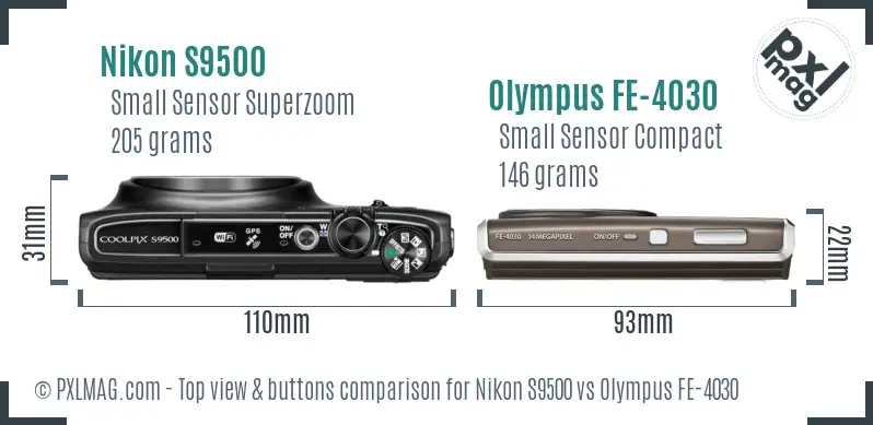 Nikon S9500 vs Olympus FE-4030 top view buttons comparison
