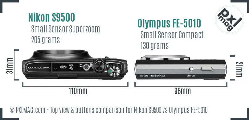 Nikon S9500 vs Olympus FE-5010 top view buttons comparison