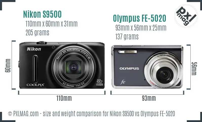 Nikon S9500 vs Olympus FE-5020 size comparison