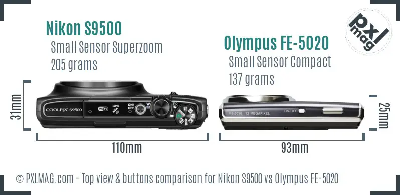 Nikon S9500 vs Olympus FE-5020 top view buttons comparison