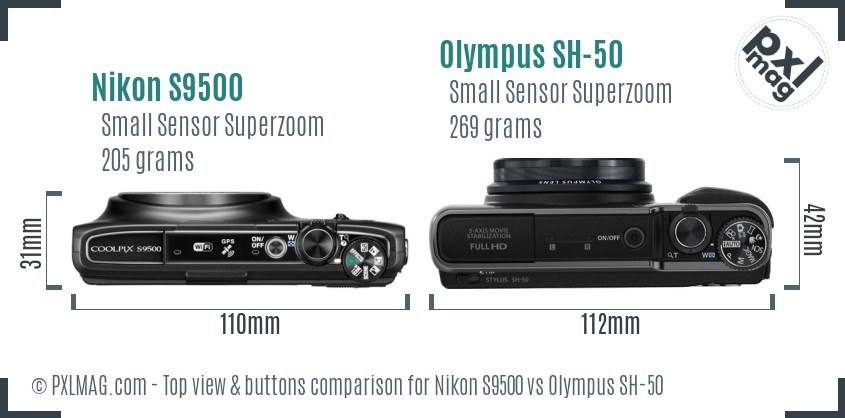 Nikon S9500 vs Olympus SH-50 top view buttons comparison