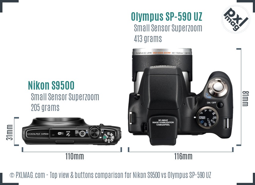Nikon S9500 vs Olympus SP-590 UZ top view buttons comparison