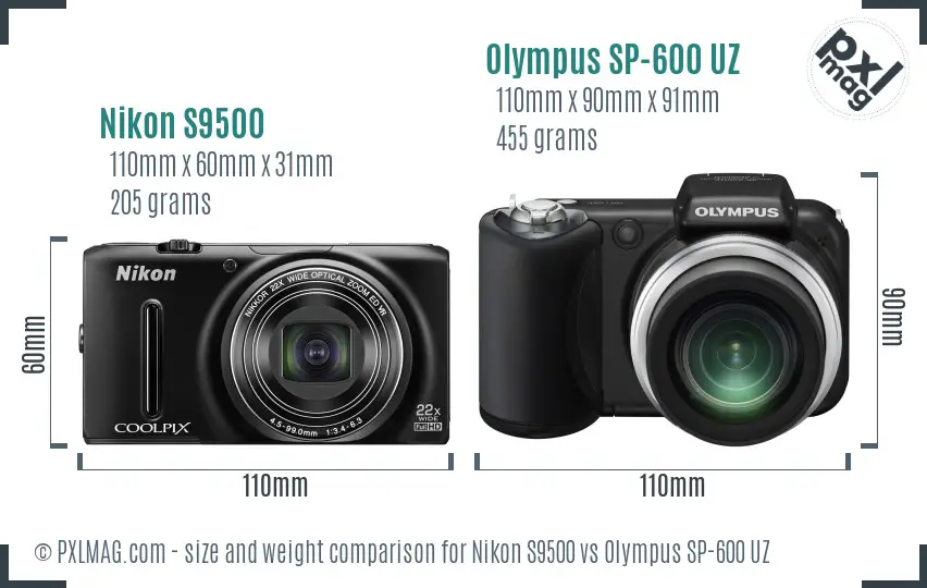 Nikon S9500 vs Olympus SP-600 UZ size comparison Nikon S9500 vs Olympus SP-600 UZ size comparison