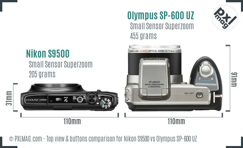 Nikon S9500 vs Olympus SP-600 UZ top view buttons comparison Nikon S9500 vs Olympus SP-600 UZ top view buttons comparison