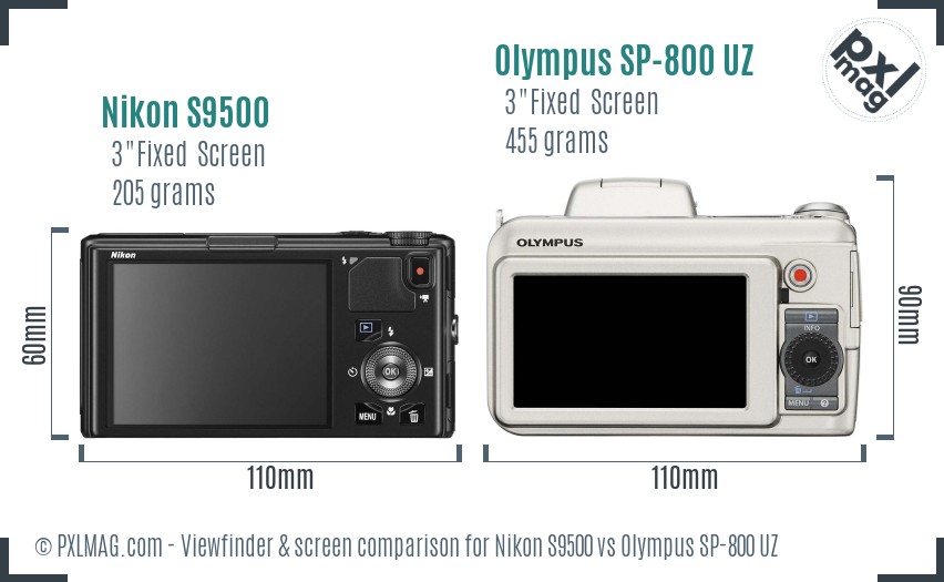 Nikon S9500 vs Olympus SP-800 UZ Screen and Viewfinder comparison