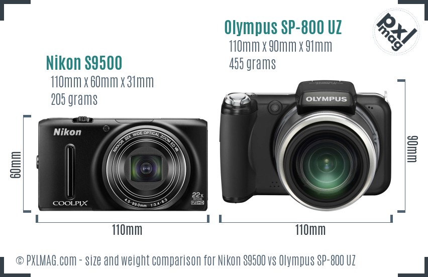 Nikon S9500 vs Olympus SP-800 UZ size comparison