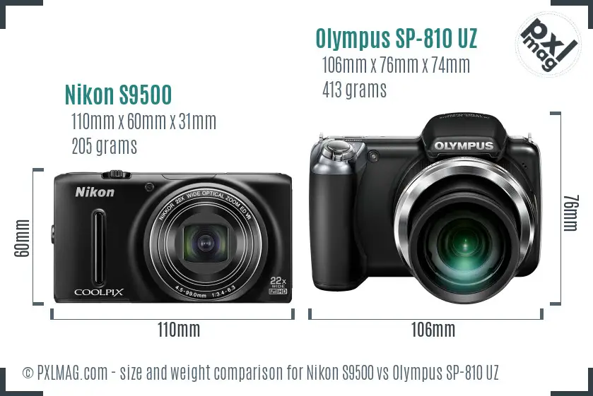 Nikon S9500 vs Olympus SP-810 UZ size comparison
