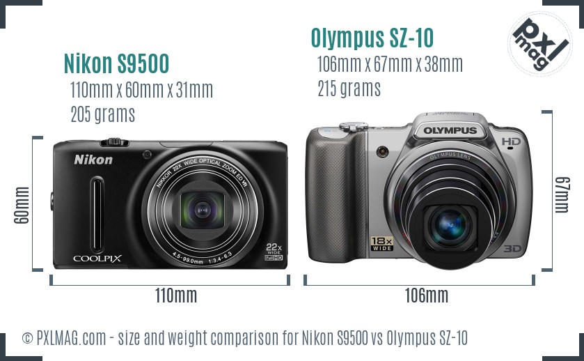 Nikon S9500 vs Olympus SZ-10 size comparison