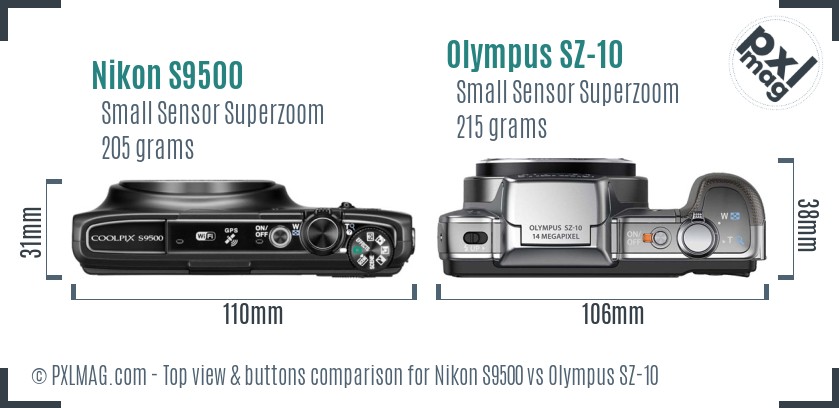 Nikon S9500 vs Olympus SZ-10 top view buttons comparison