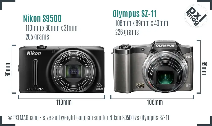 Nikon S9500 vs Olympus SZ-11 size comparison