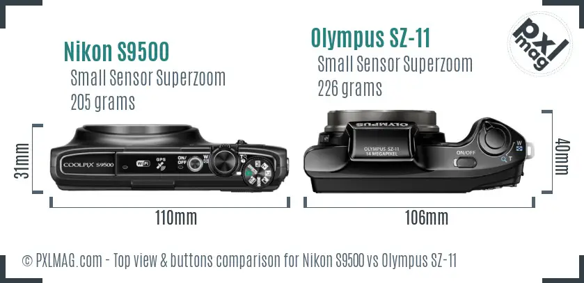 Nikon S9500 vs Olympus SZ-11 top view buttons comparison