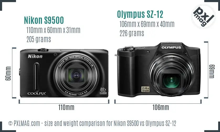 Nikon S9500 vs Olympus SZ-12 size comparison