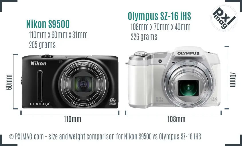Nikon S9500 vs Olympus SZ-16 iHS size comparison Nikon S9500 vs Olympus SZ-16 iHS size comparison