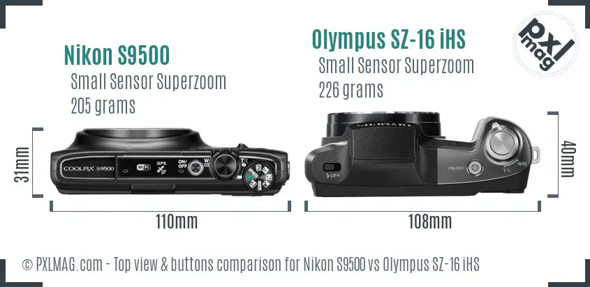 Nikon S9500 vs Olympus SZ-16 iHS top view buttons comparison Nikon S9500 vs Olympus SZ-16 iHS top view buttons comparison
