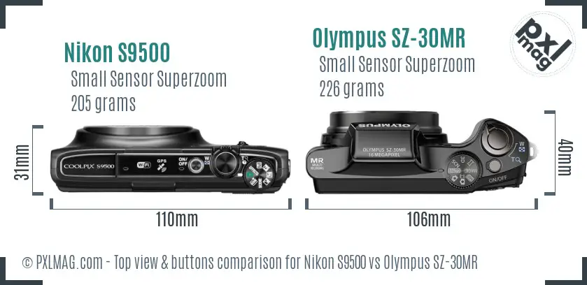 Nikon S9500 vs Olympus SZ-30MR top view buttons comparison