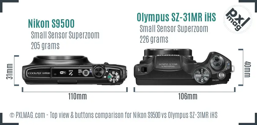 Nikon S9500 vs Olympus SZ-31MR iHS top view buttons comparison Nikon S9500 vs Olympus SZ-31MR iHS top view buttons comparison