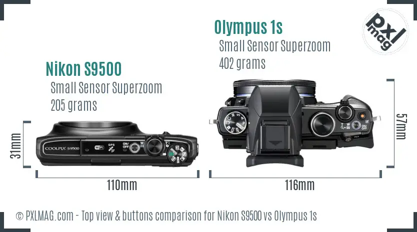 Nikon S9500 vs Olympus 1s top view buttons comparison