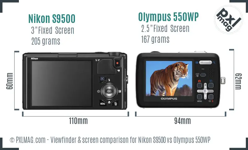 Nikon S9500 vs Olympus 550WP Screen and Viewfinder comparison