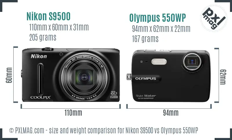 Nikon S9500 vs Olympus 550WP size comparison