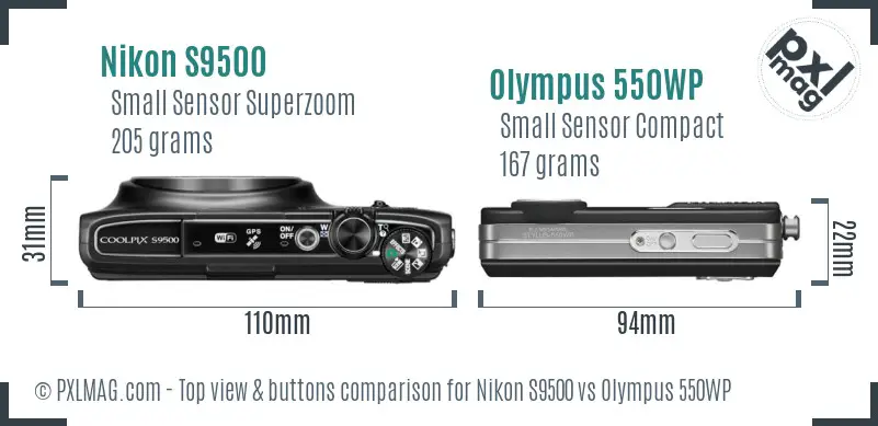 Nikon S9500 vs Olympus 550WP top view buttons comparison