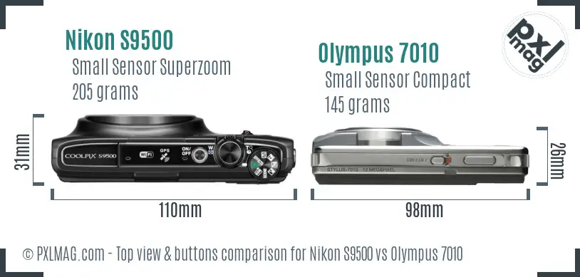 Nikon S9500 vs Olympus 7010 top view buttons comparison Nikon S9500 vs Olympus 7010 top view buttons comparison