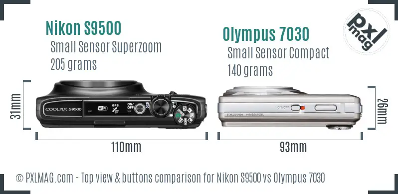 Nikon S9500 vs Olympus 7030 top view buttons comparison