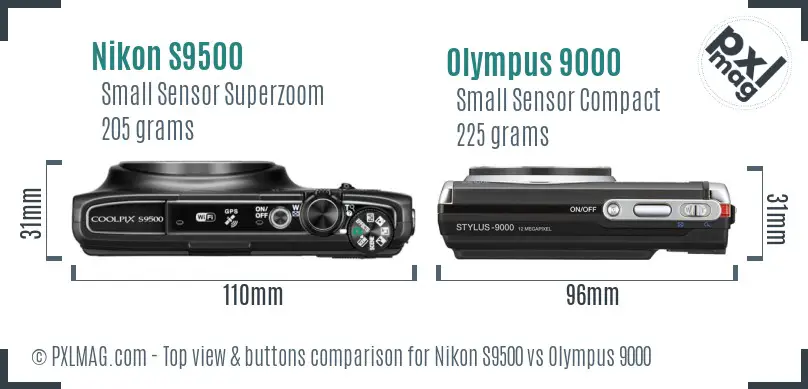 Nikon S9500 vs Olympus 9000 top view buttons comparison