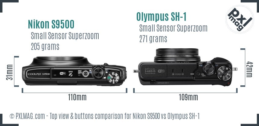 Nikon S9500 vs Olympus SH-1 top view buttons comparison