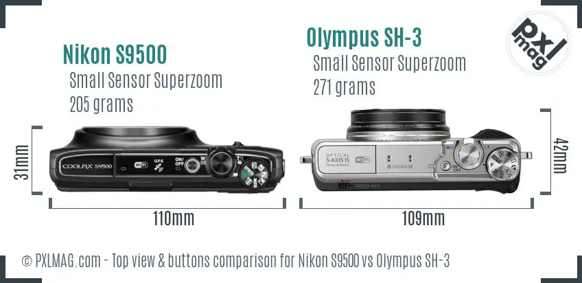 Nikon S9500 vs Olympus SH-3 top view buttons comparison