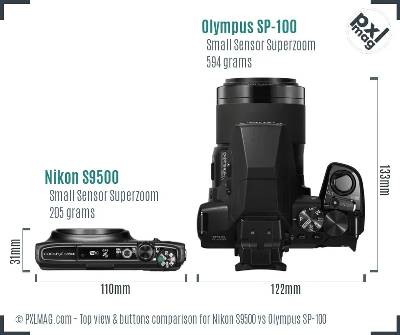 Nikon S9500 vs Olympus SP-100 top view buttons comparison