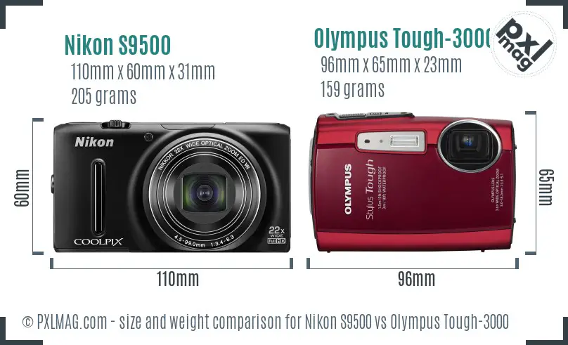 Nikon S9500 vs Olympus Tough-3000 size comparison