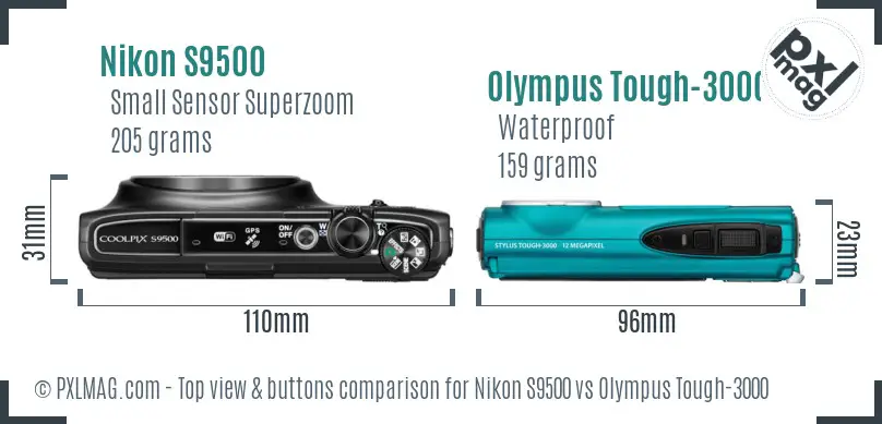 Nikon S9500 vs Olympus Tough-3000 top view buttons comparison