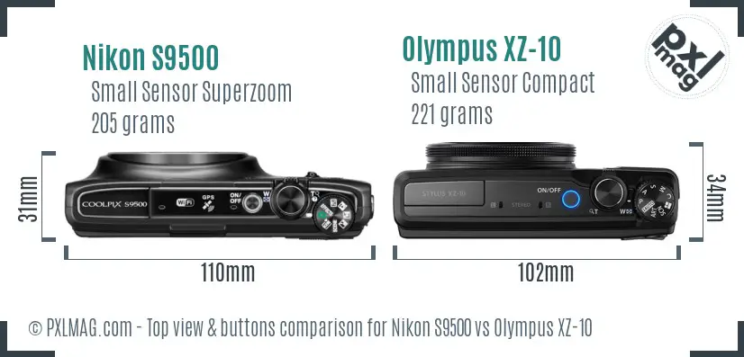 Nikon S9500 vs Olympus XZ-10 top view buttons comparison