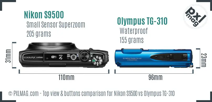 Nikon S9500 vs Olympus TG-310 top view buttons comparison