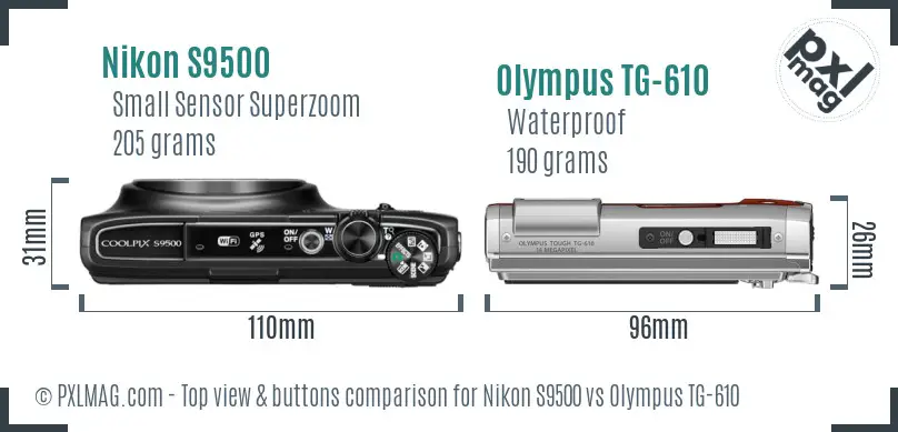 Nikon S9500 vs Olympus TG-610 top view buttons comparison