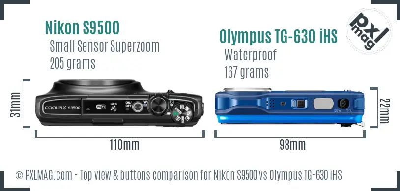 Nikon S9500 vs Olympus TG-630 iHS top view buttons comparison Nikon S9500 vs Olympus TG-630 iHS top view buttons comparison