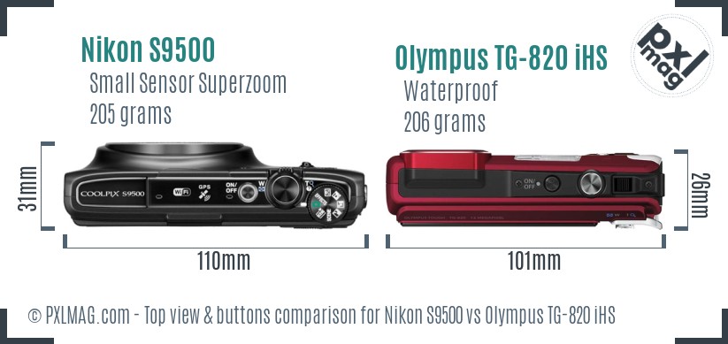 Nikon S9500 vs Olympus TG-820 iHS top view buttons comparison