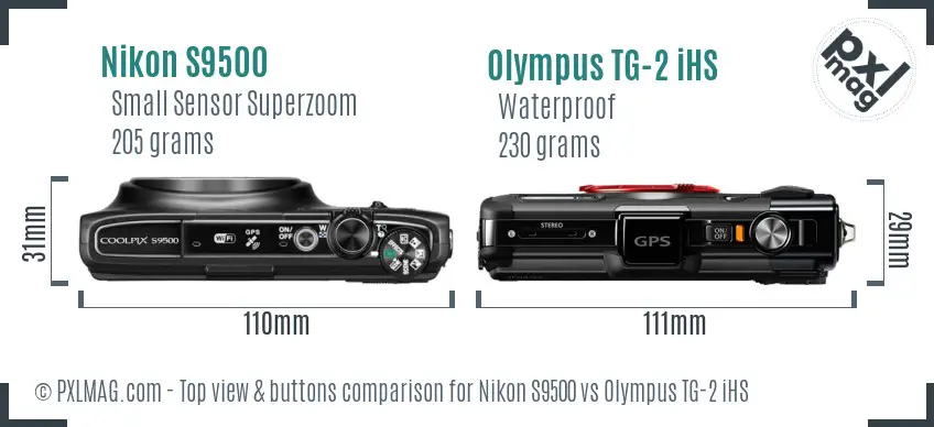 Nikon S9500 vs Olympus TG-2 iHS top view buttons comparison