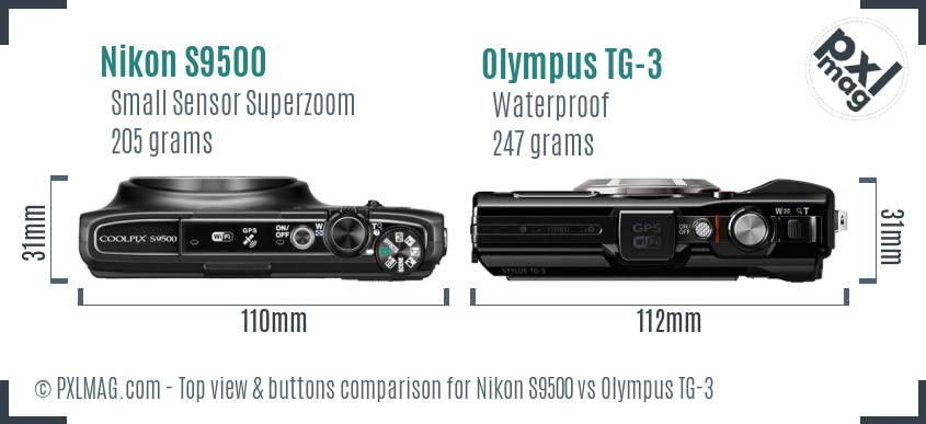 Nikon S9500 vs Olympus TG-3 top view buttons comparison
