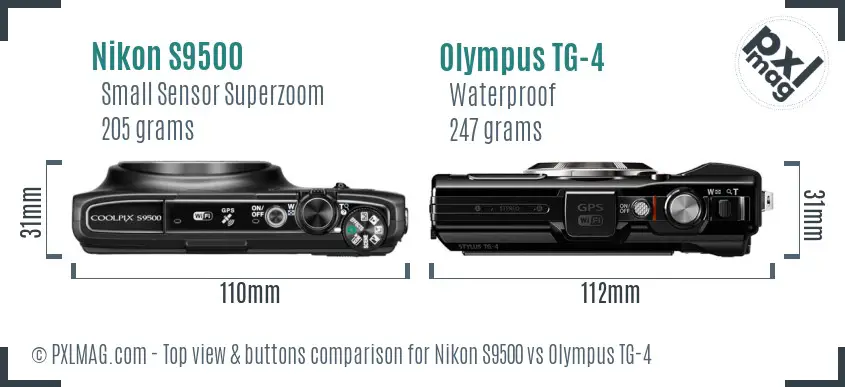 Nikon S9500 vs Olympus TG-4 top view buttons comparison Nikon S9500 vs Olympus TG-4 top view buttons comparison