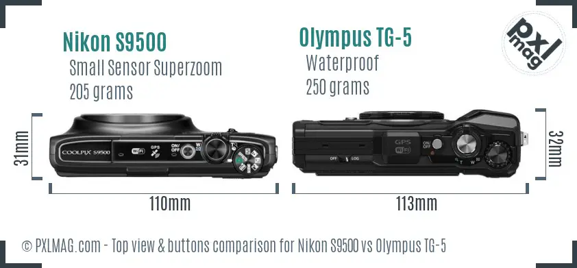 Nikon S9500 vs Olympus TG-5 top view buttons comparison Nikon S9500 vs Olympus TG-5 top view buttons comparison