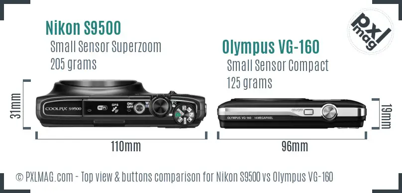 Nikon S9500 vs Olympus VG-160 top view buttons comparison