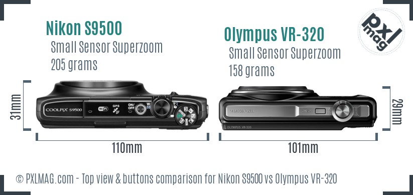 Nikon S9500 vs Olympus VR-320 top view buttons comparison